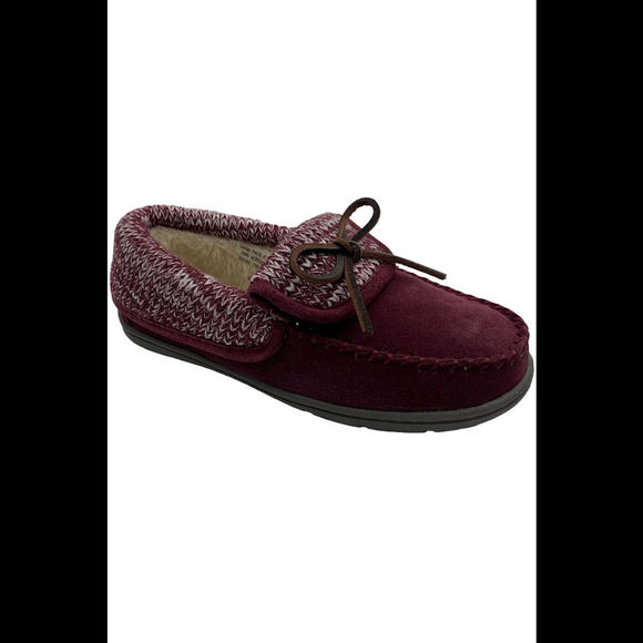 Clarks Shoes - Clarks Suede Moccasin Slippers with Sweater Trim Burgundy - Medium